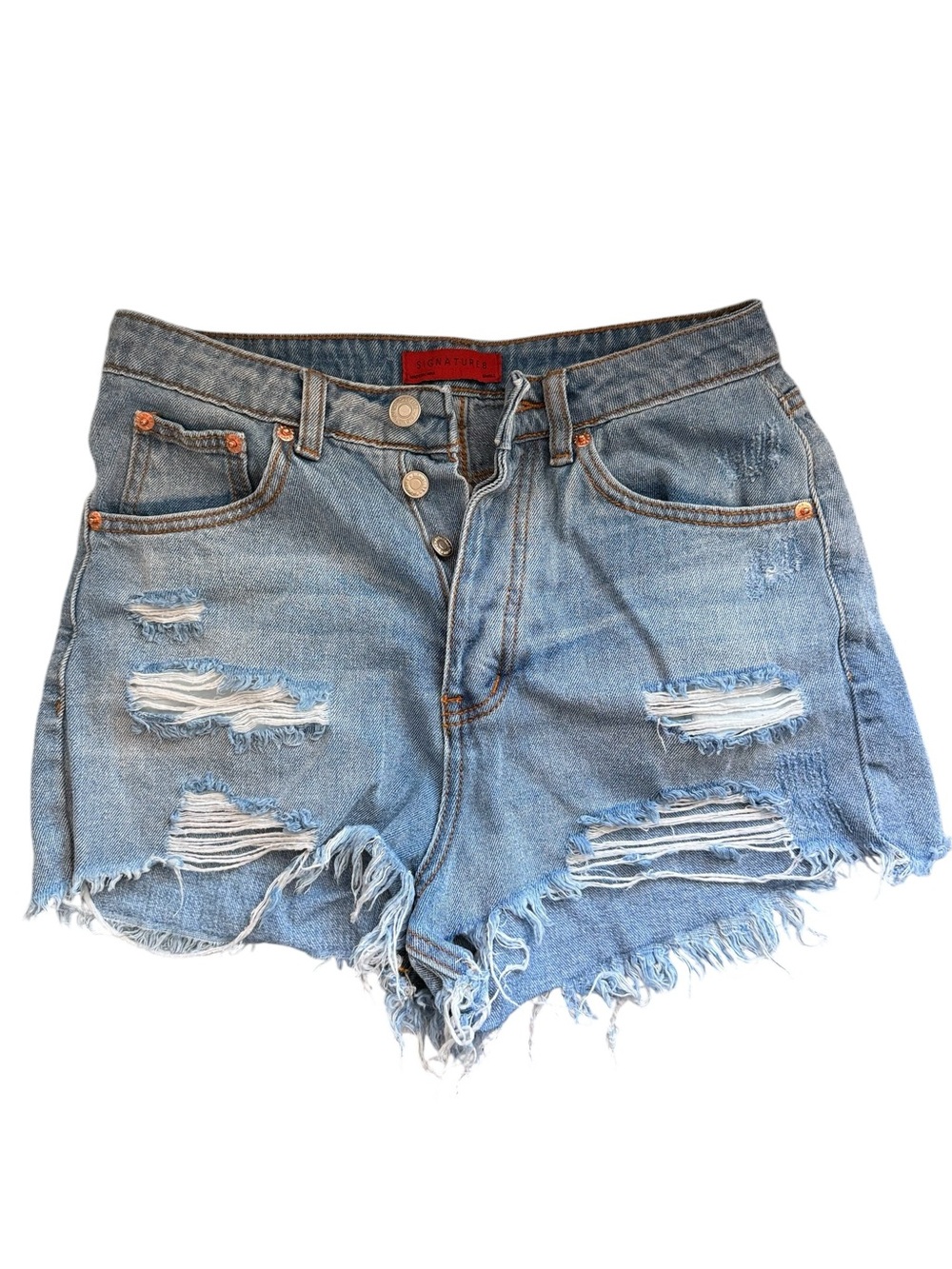Blue Distressed Medium/High-Waist Denim Shorts